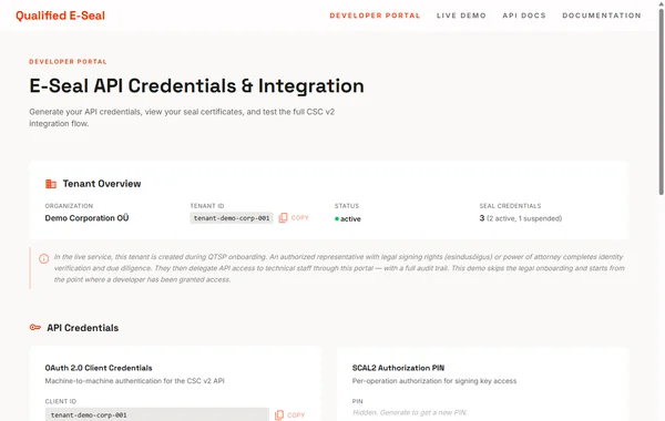 E-Seal Developer Portal screenshot
